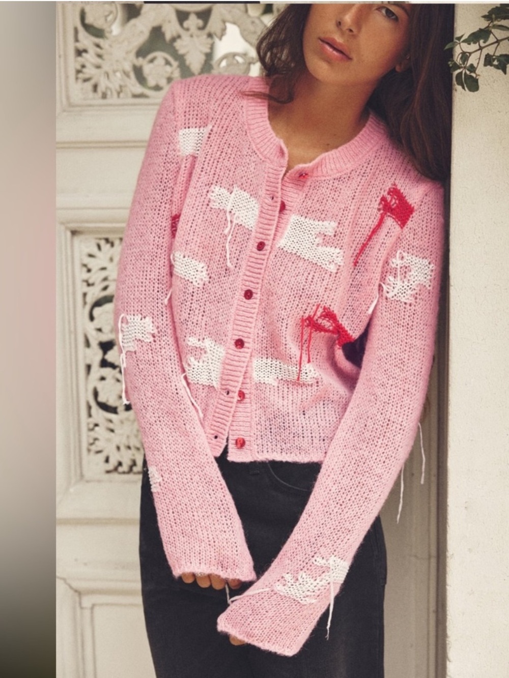 Zara Pink Button-Up Knitted Cardigan with White and Red Accents